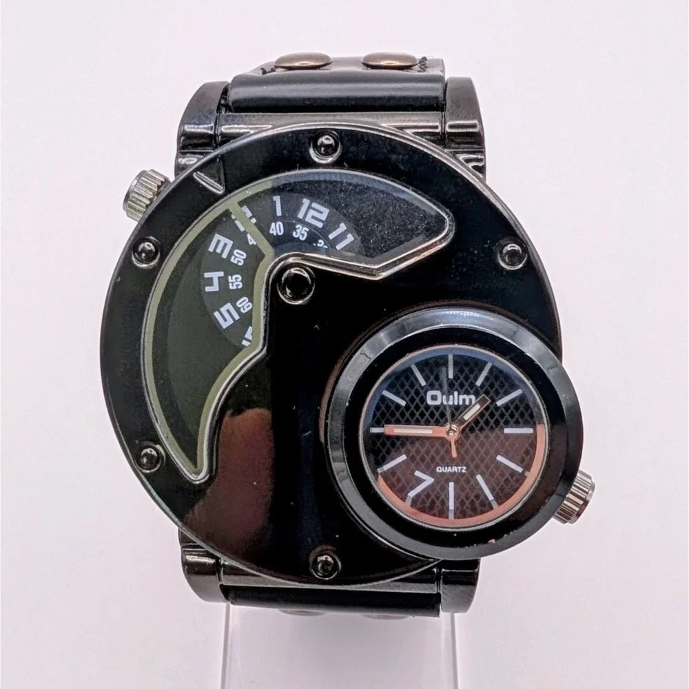 Oulm Multi-dial Black‎ Round Case Black Watch 9591, New Batteries